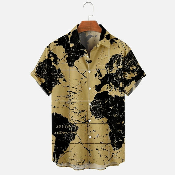 Men World Map Print Shirts Button Down Hawaiian Shirt Loose Fit Short Sleeve T Shirt Tropical Beach Aloha Shirts