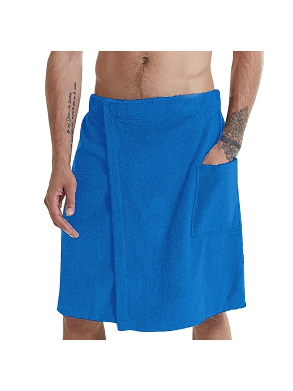 Men Wrap Bath Skirt, Adjustable Waist Towel Wrap with Side Pocket Absorbent Spa Shower Home Cover up Blue L