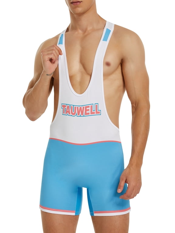 Men Wrestling Bodysuit Slim Fit Sports Gym Athletic Supporters Undershirts Boxers Wrestling Singlets Jumpsuits Leotard Jockstrap White Blue XX-Large