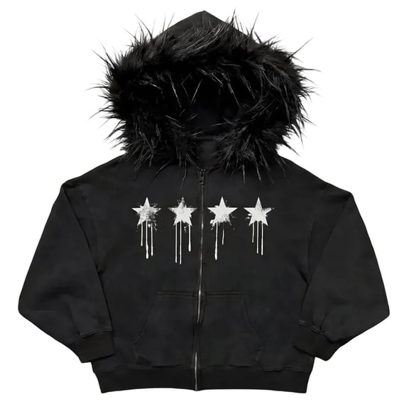 Men Y2K Grunge Faux Fur Trim Hood Zip Up Jacket Oversized Graphic Print Hoodie Emo Streetwear Fall Winter Sweatshirt 2026