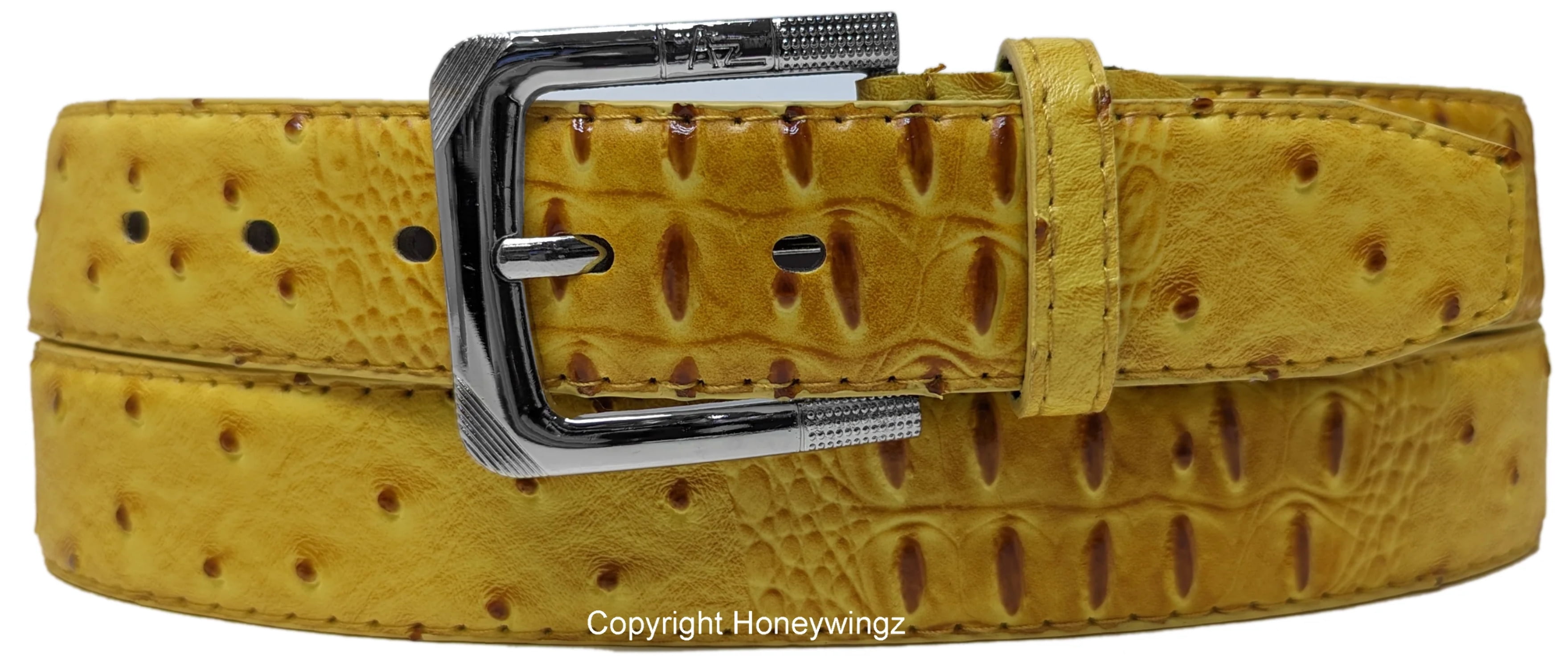Men Yellow Faux Crocodile Alligator Skin Leather Belt 