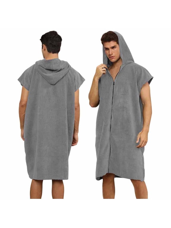 Men Zip Front Hooded Towel Bathrobe, Short Sleeve Oversized Swim Changing Robe Absorbent Fabric for Beach Surf Swimming Activities Dark Gray One Size
