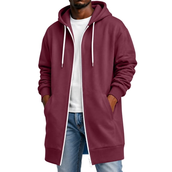 Men Zip Hooded Sweatshirt Solid Color Long Length Stretch Tops Soft Loose Fit Sweatshirt for Travel Workout Wine M
