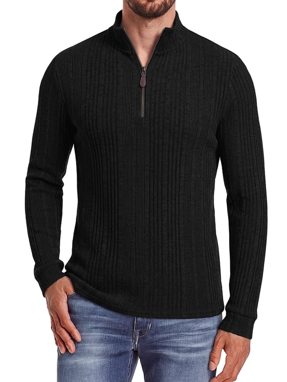 Men Zip Mock Neck Ribbed Long Sleeve Shirts Stretch Fitted Knit Pullover Black L