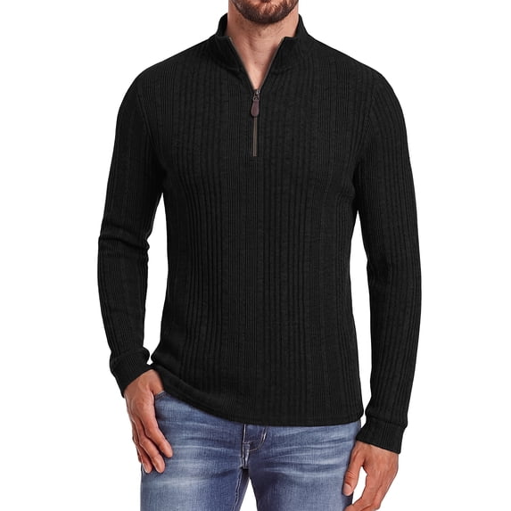 JWD Men Zip Mock Neck Ribbed Long Sleeve Shirts Stretch Fitted Knit Pullover Black S