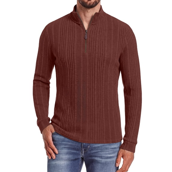 JWD Men Zip Mock Neck Ribbed Long Sleeve Shirts Stretch Fitted Knit Pullover Brown 2XL