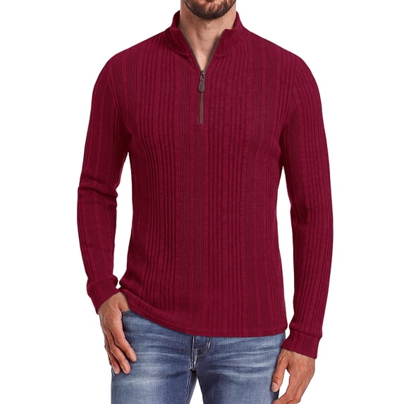 JWD Men Zip Mock Neck Ribbed Long Sleeve Shirts Stretch Fitted Knit Pullover Wine Red XL