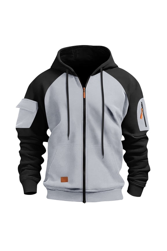 Men Zip Up Hoodie Long Sleeve Casual Color Blocking Drawstring Pocket Hooded Sweatshirt Arm Zipper Pocket Jacket