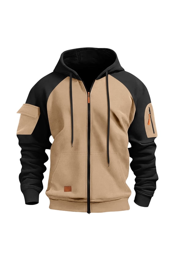 Men Zip Up Hoodie Long Sleeve Casual Color Blocking Drawstring Pocket Hooded Sweatshirt Arm Zipper Pocket Jacket