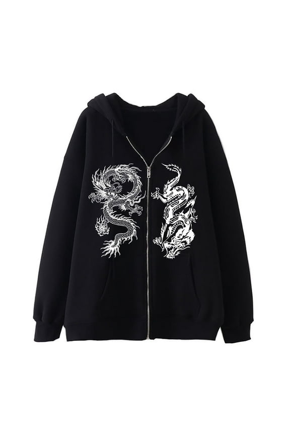 Men Zip Up Oversized Hoodie Gothic Dragon Graphic Old Baggy Jacket 90S Punk Streetwear Clothes