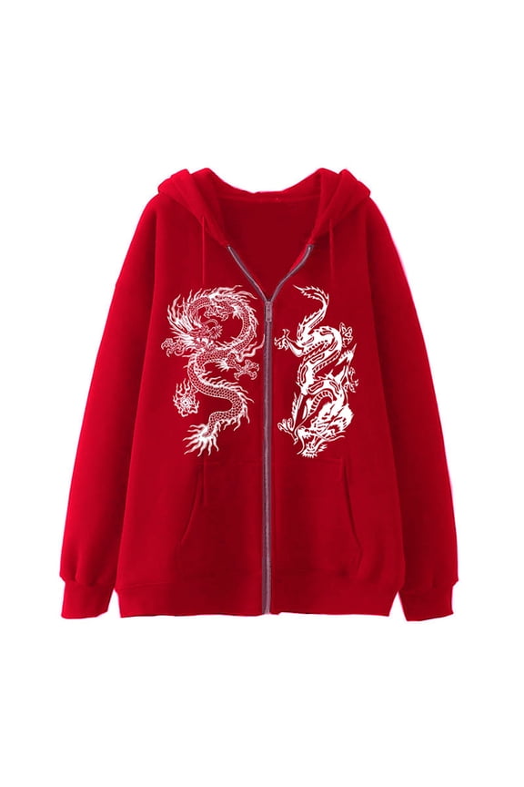 Men Zip Up Oversized Hoodie Gothic Dragon Graphic Old Baggy Jacket 90S Punk Streetwear Clothes