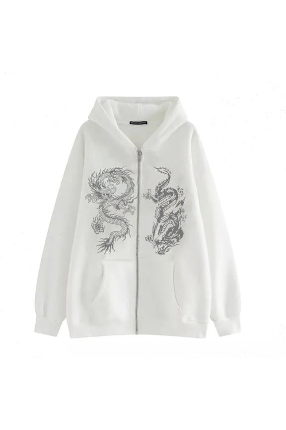 Men Zip Up Oversized Hoodie Gothic Dragon Graphic Old Baggy Jacket 90S Punk Streetwear Clothes