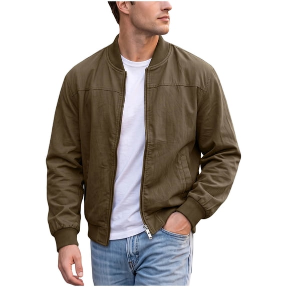 Men Zip Up Stand Up Collar Jacket Ribbed Collar Cuffs, Side Pockets Causal Fashion Stylish Windbreaker Light Jacket Brown 3XL
