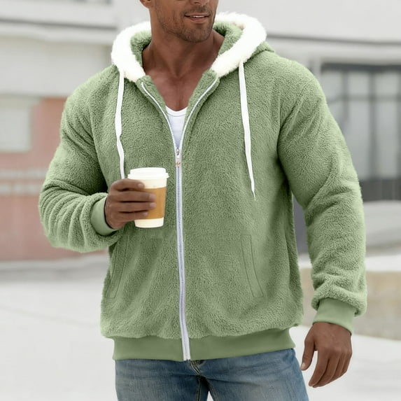 Men Zip-Up Thermal Fuzzy Fleece Jackets Casual Warm Drawstring Hooded Winter Coats Outwear with Pockets New Light Jackets for Men Dressy Green XXL