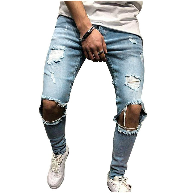 vedtage selvmord delikatesse Men Zipper Custom Fit Irregular Ripped Jeans Casual Fashion Solid Button  Long Pants Light Blue,XL - Walmart.com