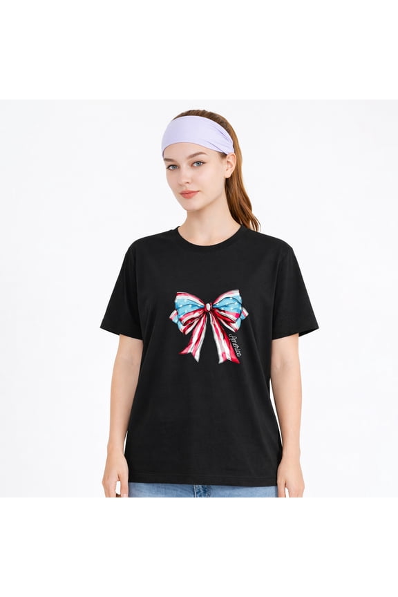 Men and Women American Flag Patriotic T-Shirts Cute USA Bow Flag Shirts Happy 4th of July Tee Tops