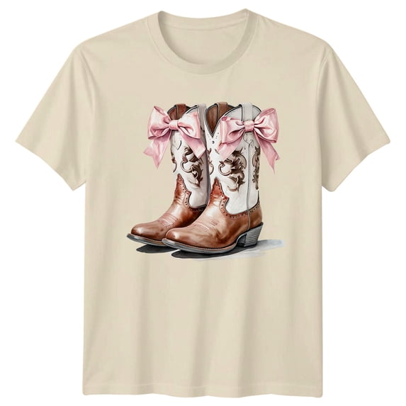 Men and Women Cowboy Boots Pink Bow Western T-Shirt
