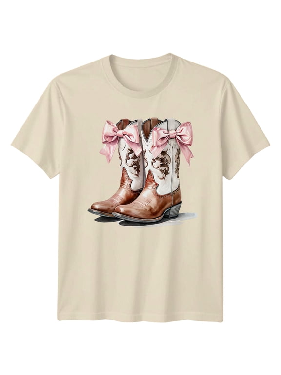 Men and Women Cowboy Boots Pink Bow Western T-Shirt