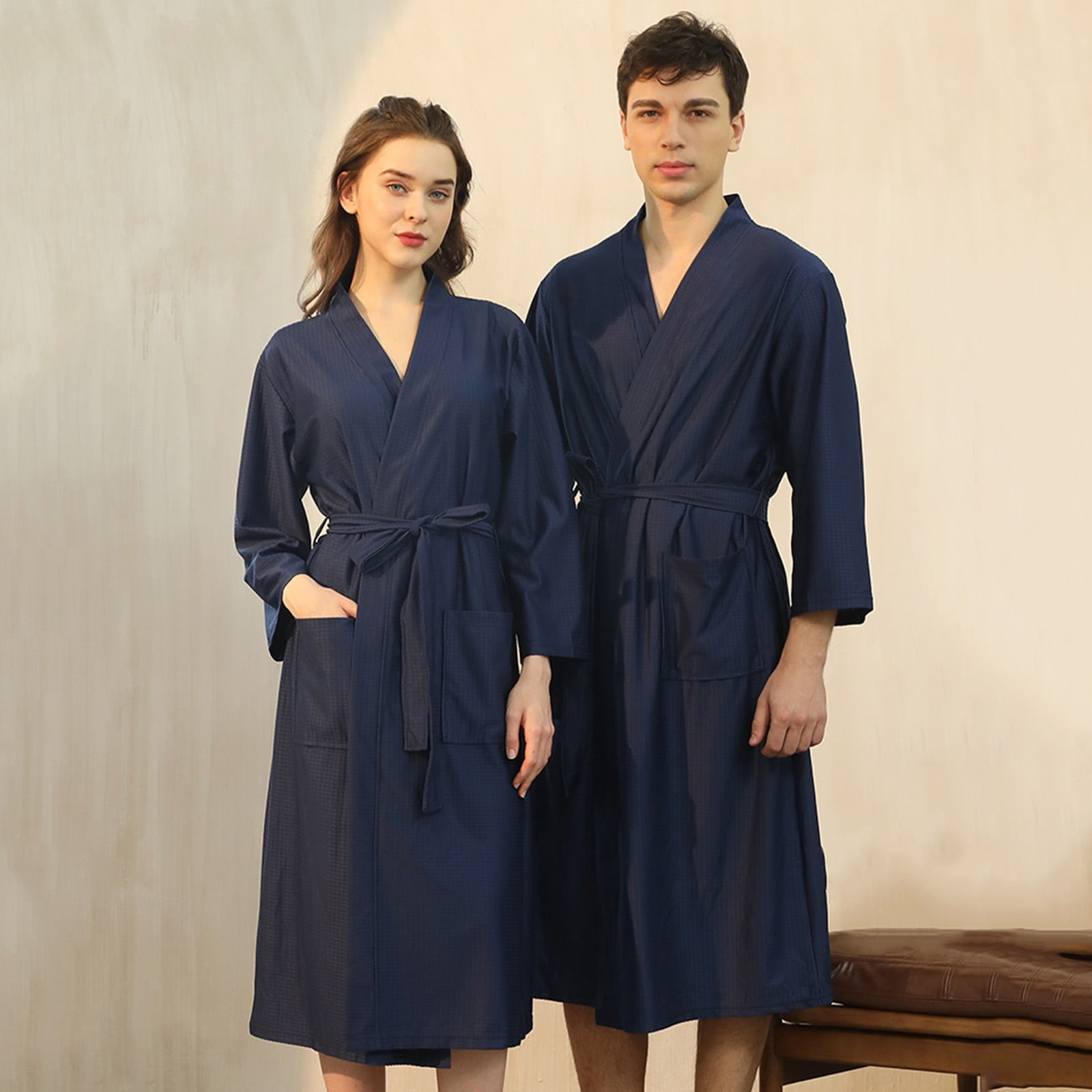 Men and Women Knee Length Bathrobe Pocket Breathable Sleepwear Front