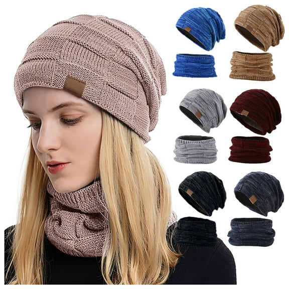 Men and Women Knitted 2 Piece Set Beanie Hat with Scarf Winter Warm Inner Lined Skull Cap and Loop Scarf #02 Dark Gray