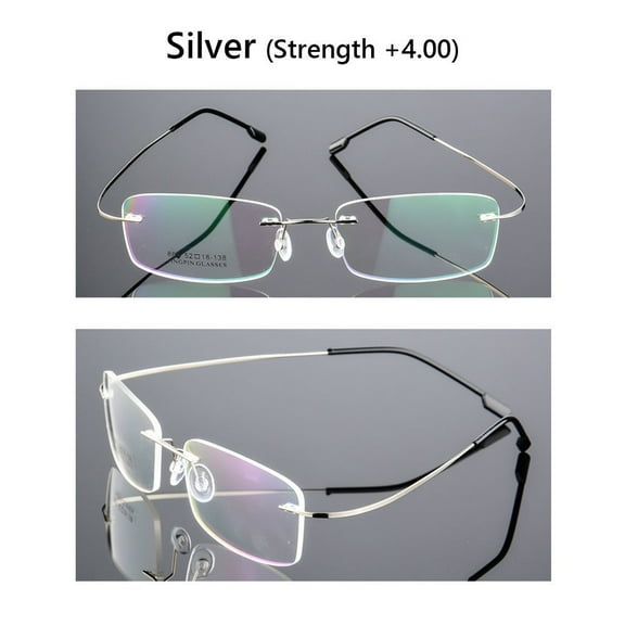 Men and Women Ultralight Eyewear Flexible Presbyopic Eyeglasses Reading Glasses Memory Titanium Rimless SILVER STRENGTH 4.00