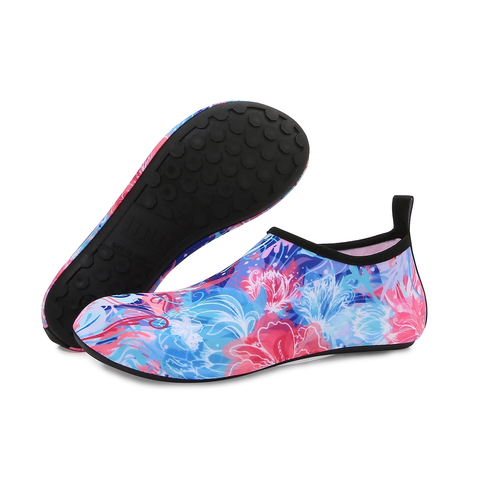 Men and Women a Slip On Barefoot Quick-Dry Beach Aqua Yoga Water Shoes (Floral/Pink Blue, 4-5 Women)