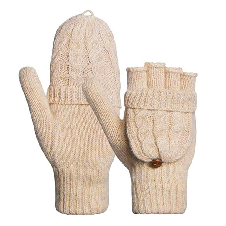 OutdoorEssentials Fingerless Winter Gloves Convertible Wool Mittens for Men  & Women - Warm Thermal Knit Flip Top Snow Glove,Beige