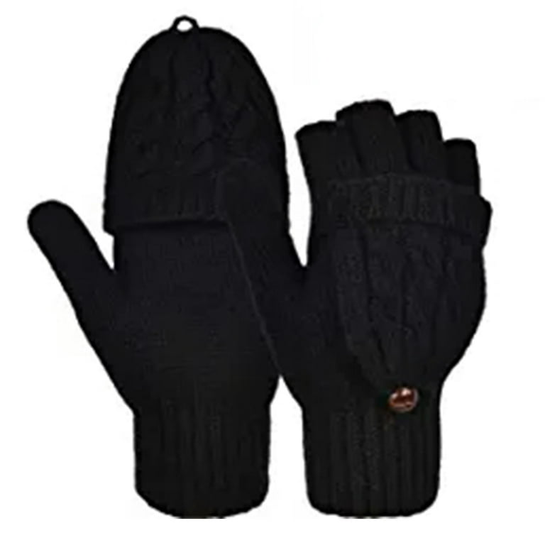 OutdoorEssentials Fingerless Winter Gloves Convertible Wool Mittens for Men  & Women - Warm Thermal Knit Flip Top Snow Glove,Black
