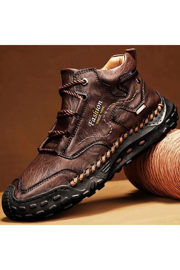 Men's Boots -like Upper, Brown/Black/, Lace-Up High-Top Ankle Boots with Cushioned PU Lining & Non-Slip Rubber Sole - All-Season Formal, Work, Casual, Shoes - Brown/Black/, US Sizing - Ideal