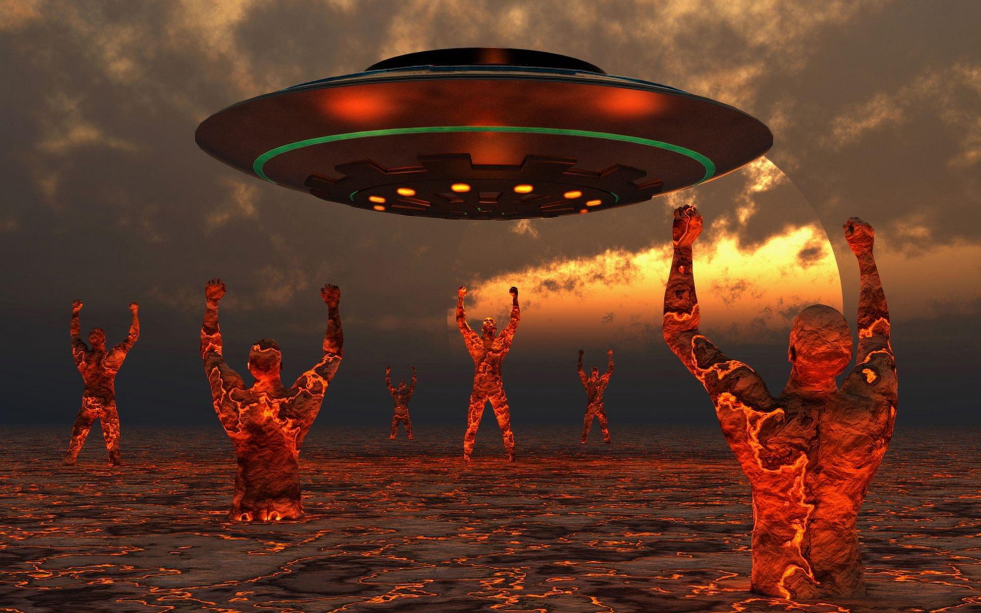 Men born of molton lava from the core of the Earth hail an arriving UFO Canvas Art - Mark StevensonStocktrek Images (36 x 23)