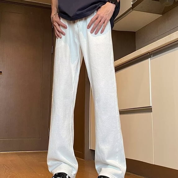 Men cotton and Big Men's Loose Fit Jeans Zipper Wash Elastic Trend Outdoors Wide Leg Pants Trousers White XL