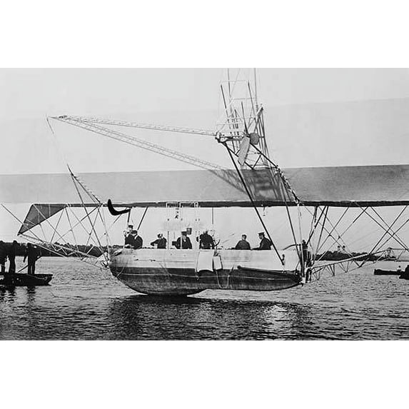 Men inside basket of Zeppelin airship, on water Poster Print by unknown (24 x 36)