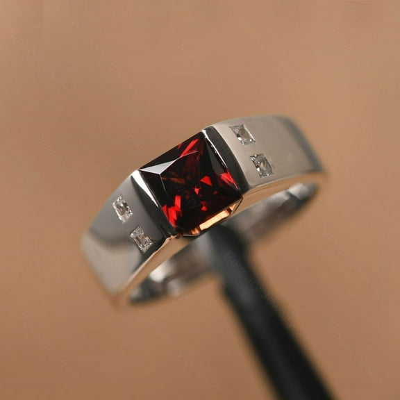 Men princess cut Garnet Gemstone Ring 925 Sterling Silver Engagement Men's Ring