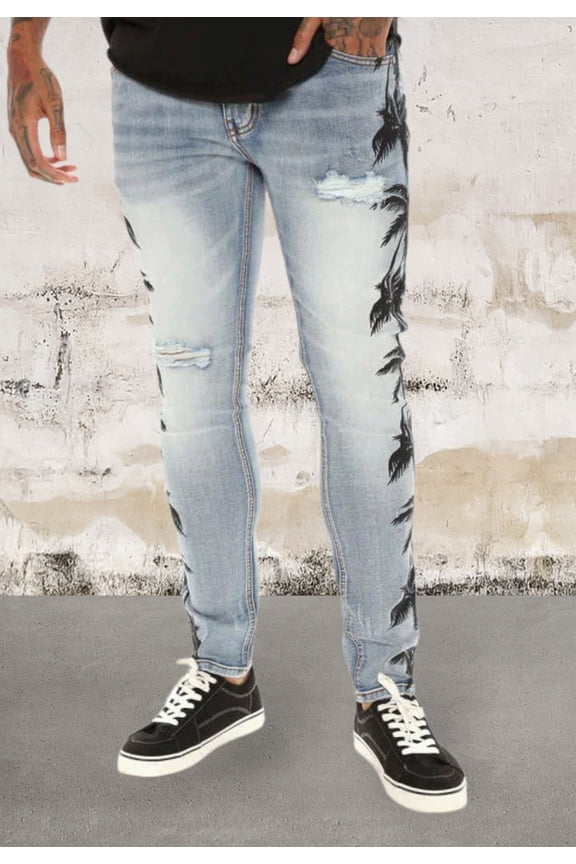 Men ripped skinny palm tree Jeans