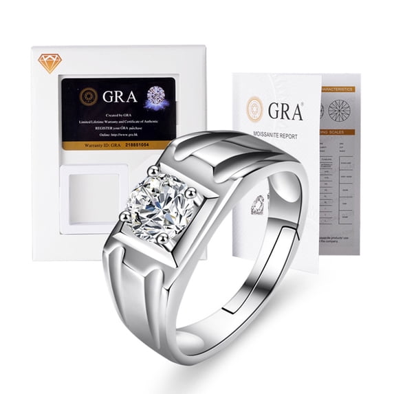 Men’s 1.0 Ct Moissanite Engagement Ring Silver 18K Gold Plated D Color VVS1 Clarity Round Wedding Rings Anniversary Birthday Promise Ring with Adjustable Open