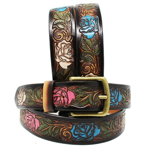 Men's 1-1/2" Wide Tan Leather Floral Tooled Casual Jean Belt 26FKBrown