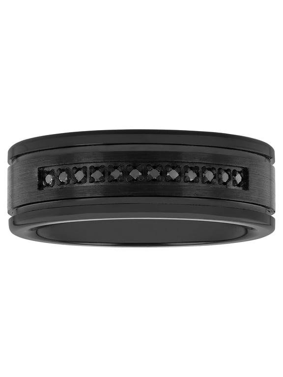 Men's 1/10 ctw Black Diamond Black Tungsten Grooved 8MM Wedding Band - Men's Ring