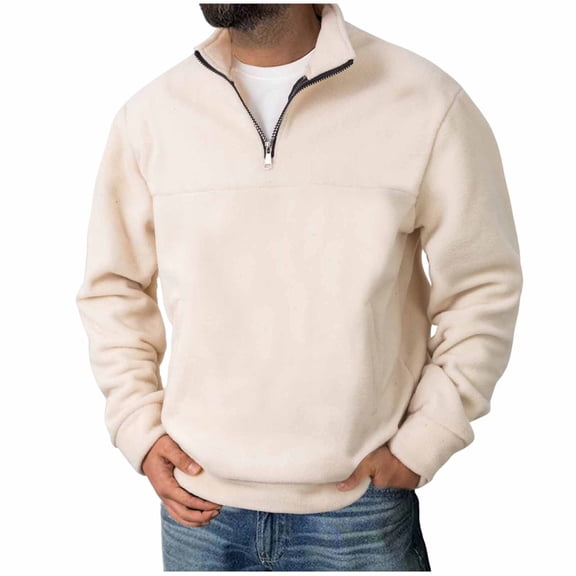 Men's 1/4 Zip Fleece Pullover Long Sleeve Stand Collar Fuzzy Sweater Sweatshirts with Pockets Solid Outerwear (M, Beige)
