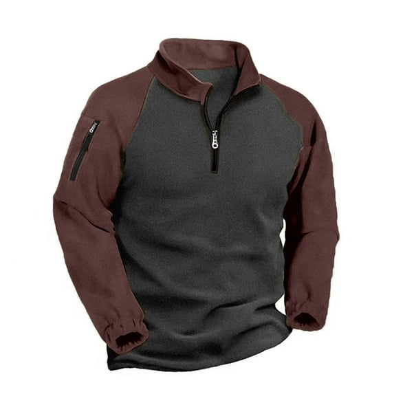 Men's 1/4 Zip Fleece Pullover Sweatshirts Zipper Pocket Elastic Cuffs Long Sleeve Stand Collar Comfy Sweaters (M, Coffee)