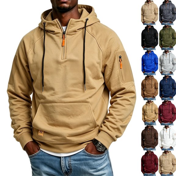 Men's 1/4 Zip Hoodie Classic Loose Fit Tops Comfortable Breathable Long Sleeve Sweatshirt with Pocket for Daily Outdoor Travel Camel L
