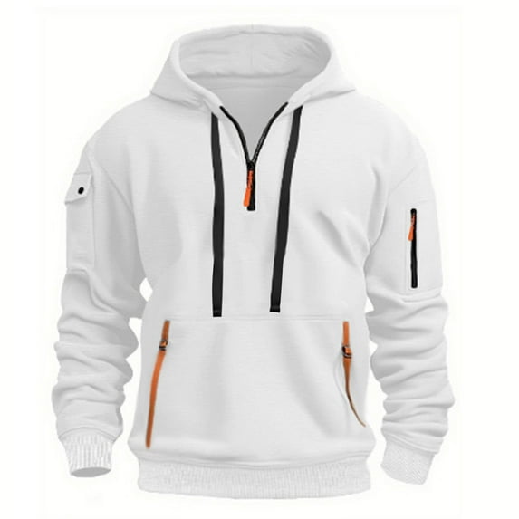 Men's 1/4 Zip Pullover Hoodie with Zipper Pockets Long Sleeve Drawstring Hooded Golf Sweathsirt Blouses (XL, White)