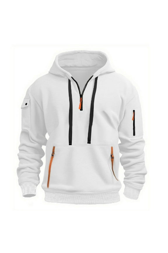 Men's 1/4 Zip Pullover Hoodie with Zipper Pockets Long Sleeve Drawstring Hooded Golf Sweathsirt Blouses (XL, White)