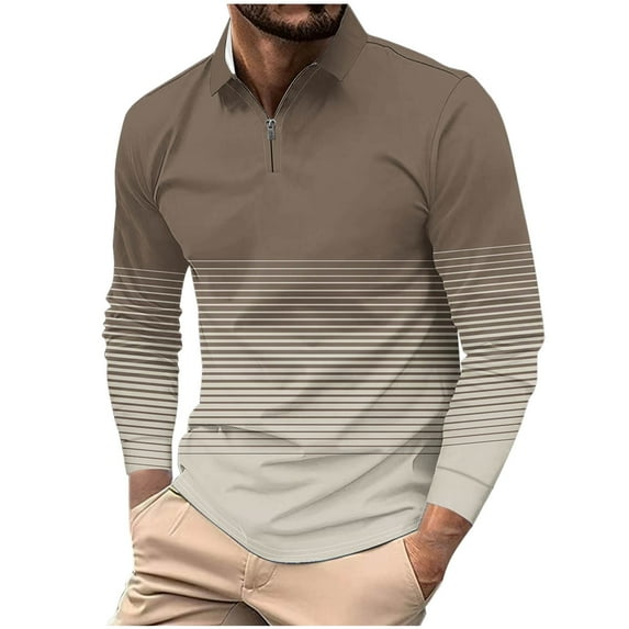 Men's 1/4 Zip Pullover Striped Fashion Casual Golf Shirts Long Sleeve Polo-Collared Color Block Fall Spring Tops (3XL, Coffee #B)