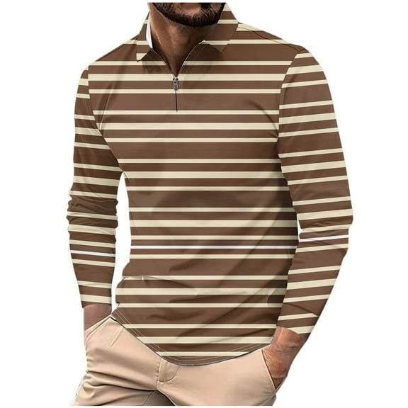 Men's 1/4 Zip Pullover Striped Fashion Casual Golf Shirts Long Sleeve Polo-Collared Color Block Fall Spring Tops (3XL, Coffee #C)