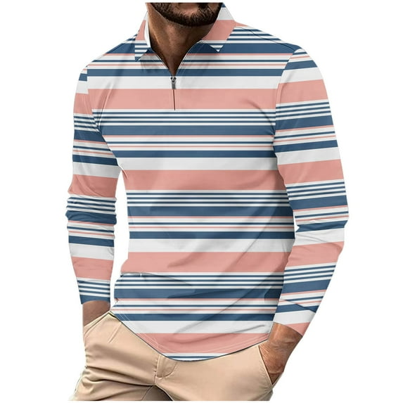 Men's 1/4 Zip Pullover Striped Fashion Casual Golf Shirts Long Sleeve Polo-Collared Color Block Fall Spring Tops (XL, Pink #C)
