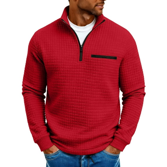 Men's 1/4 Zip Pullover Waffle Knit Tops Casual Golf Plain Sweatshirts Zipper Stand Collar Long Sleeve Tops (3XL, Red)