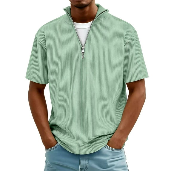 Men's 1/4 Zip Stand Collar Corduroy Pullover Casual Solid Color Short Sleeve T-Shirts Ribbed Business Tops