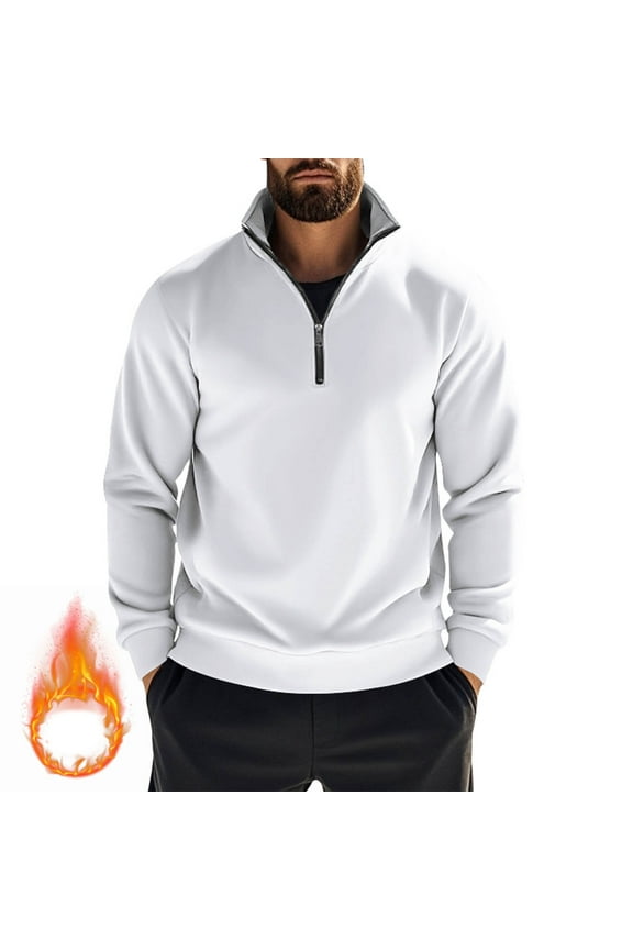 Men's 1/4 Zip Sweatshirts Pocketed Cotton Fleece Plain Pullover Thermal Sweaters Tops for Fall Winter (L, White)