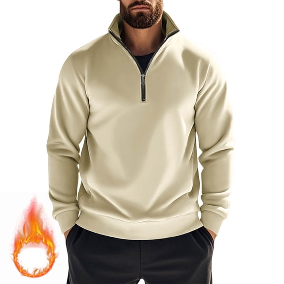 Men's 1/4 Zip Sweatshirts Pocketed Cotton Fleece Plain Pullover Thermal Sweaters Tops for Fall Winter (S, Beige)