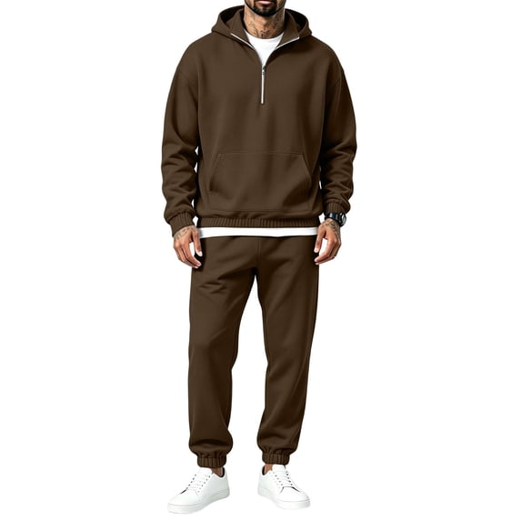 Men’s 1/4 Zip Tracksuit 2‑Piece Outfit Set, Long Sleeve Stand Collar Pullover Sweatshirt with Kangaroo Pocket, Jogger Pants, Loose Casual Sweatsuit for Daily Outdoor Activities Beige XL